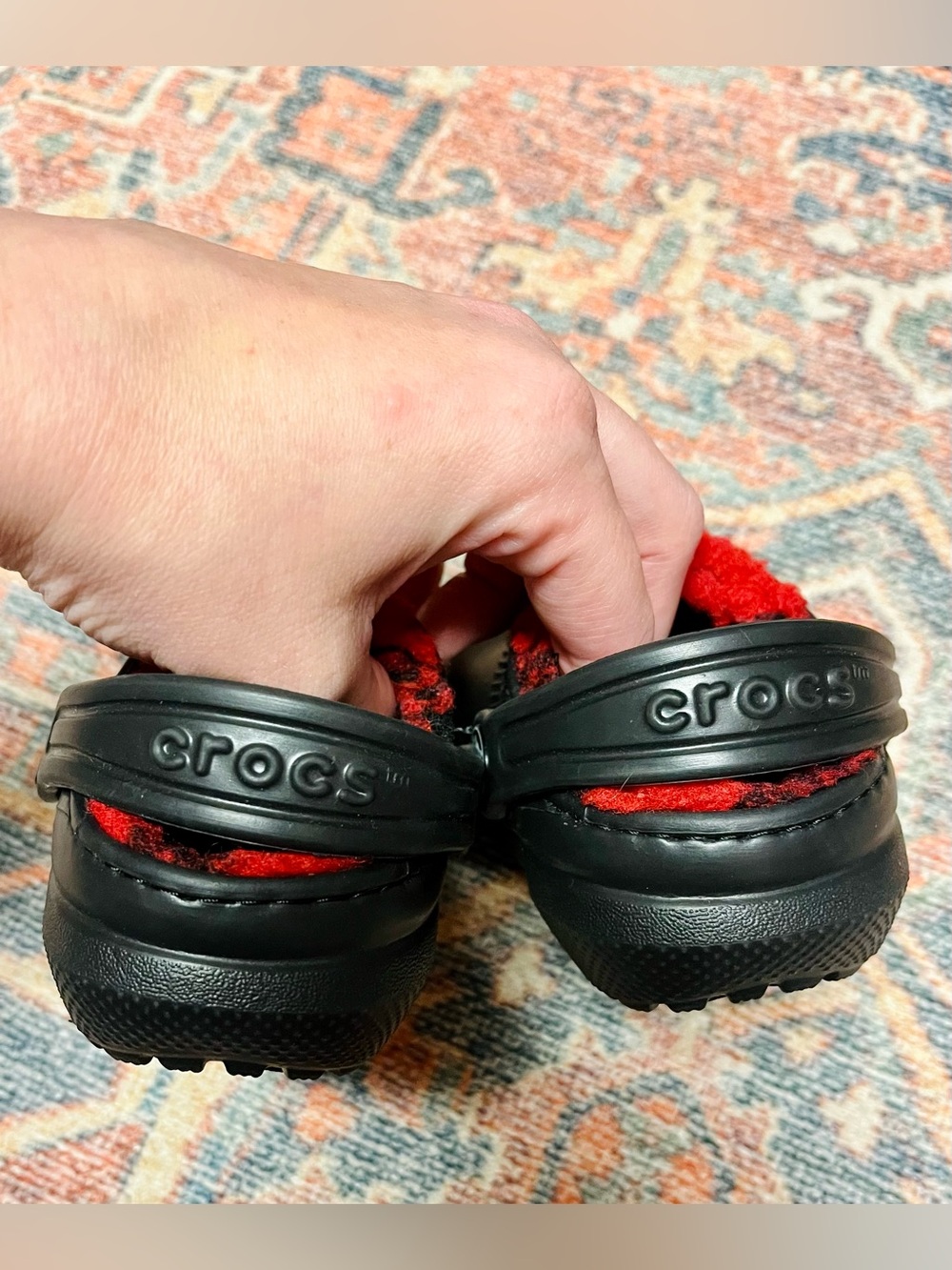 CROCS Kids Classic Clog with Red Fleece Lining - Black Shell - Picture 3 of 4